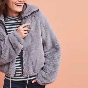 Anthropologie Elevenses Faux Fur Fuzzy Grey Cozy Rose Gold Zip-Up Jacket